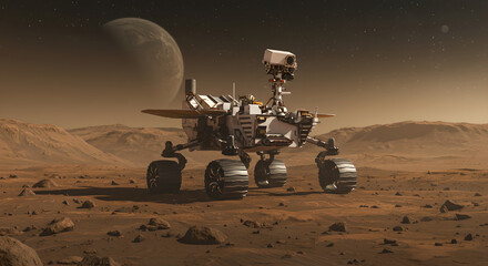 Planetary rover exploring Martian landscape, investigating red planet surface under starry sky and alien moon, science exploration for space exploration