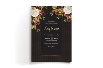 WEDDING INVITATION FRAME WITH FLOWER DECORATIONS AND FRESH LEAVES