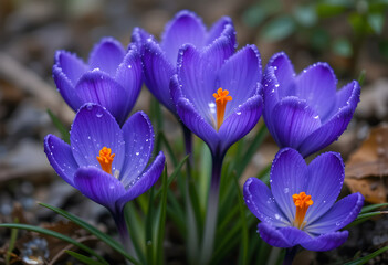 Spring Blue Crocuses Sparkling with Fresh Water Droplets
