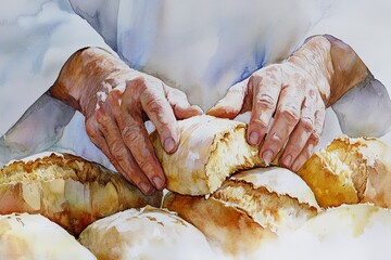 Hands breaking loaf of bread on wooden surface. Watercolor painting illustration. Religious symbolism and communion concept. Design for print, poster, greeting card