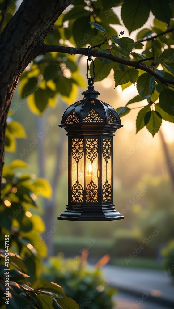 Poster elegant decorative lantern hanging from a tree branch surrounded by lush green leaves, glowing softl