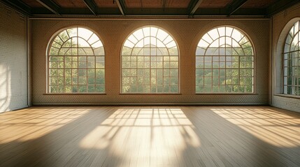 A spacious room featuring large arched windows and wooden floors