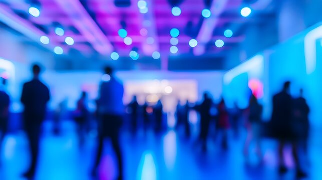Blurred vibrant tech conference with attendees networking in the background