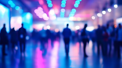 Blurred vibrant tech conference with attendees networking in the background