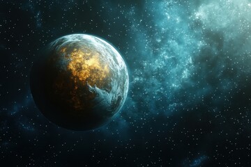 Fototapeta premium Vibrant cosmic planet illuminated by distant stars in the depths of space