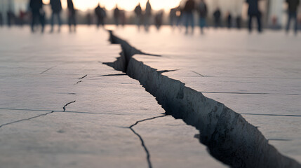 A seismic fault line cuts through an urban plaza, creating a massive rift in the pavement. People stand cautiously at the edge, peering down into the jagged split that now divides the city. The stark