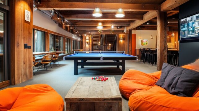 Relaxed tech startup recreation area with bean bags and a ping pong table centerstage