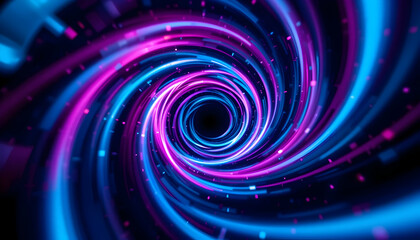 Abstract swirling vortex tunnel of vibrant neon light trails and particles perfect for digital art and futuristic backgrounds