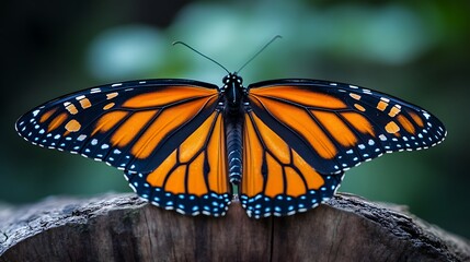 Naklejka premium Vibrant Monarch Butterfly Resting on a Wooden Log with Sharp Focus on Orange and Black Patterns Against a Natural Forest Backdrop