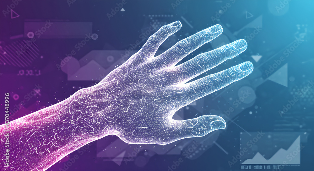 Poster augmented reality hand with futuristic digital interface. abstract virtual arm with connected points