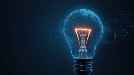 A glowing light bulb with intricate circuit patterns pulses with light, symbolizing innovation, set against a dark blue background with digital grids for a futuristic touch.