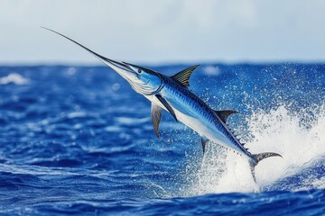 Obraz premium Large marlin leaps out of the ocean creating a splash under sunny skies during midday hours