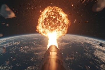 Nuclear Missile Launch to Intercept Giant Asteroid, Fiery Exhaust in Night Sky, Near-Future Space Defense, Glowing Cracked Asteroid, Planetary Protection, Sci-Fi Disaster Prevention