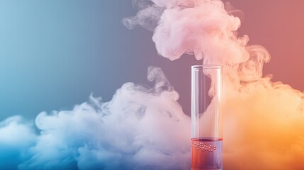 A test tube stands amidst swirling clouds of colorful smoke, creating a striking and abstract visual that invites deeper emotional connections and reflections.