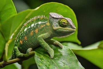 Fototapeta premium Colorful chameleon resting on a green leaf amidst lush foliage in a tropical environment