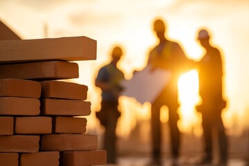 Partially Constructed House at Sunset with Workers in Silhouette, Golden Hour Light, Bricks and Blueprints in Foreground, Home Building Site, Residential Construction, Architecture Project Scene