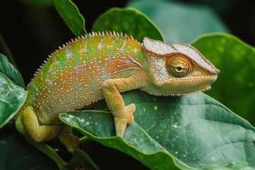 Obraz premium Colorful chameleon perched on green leaves in a tropical environment during daylight hours
