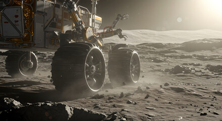 Rover exploring the lunar surface, revealing detailed textures and advanced engineering, suitable for space exploration themes and future technology concepts