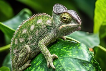 Fototapeta premium Detailed view of a chameleon perched on a green leaf amid lush foliage in a tropical environment during daylight