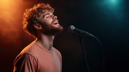A joyful male singer pouring his heart out while performing live, radiating happiness and connecting with the audience through his powerful voice and stage presence.