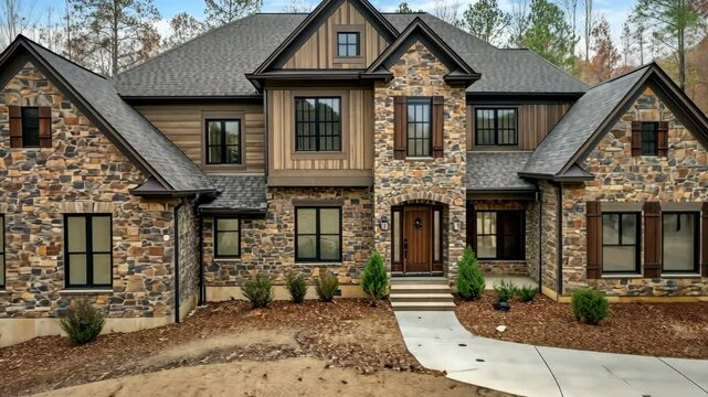 Elegant stone-clad house with landscaped front yard located in a serene residential area surrounded by trees