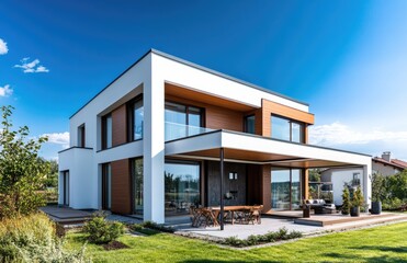 Modern family house with a beautiful garden in Poland. The facade walls are white and beige in color, with trees and bushes surrounding the property.