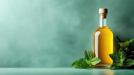 A sleek glass bottle filled with a bright yellow liquid surrounded by fresh mint leaves, posing an inviting image that speaks of freshness and vibrant flavor.