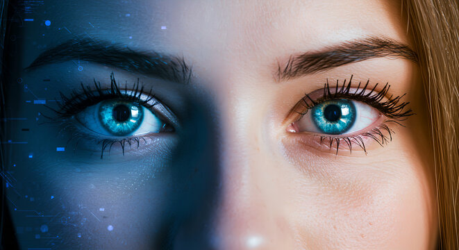 Woman's face with holographic effect over eye represents future technology in personal data processing and digital identification for secure access solution - Powered by Adobe