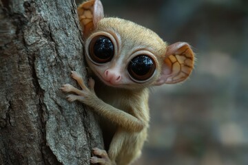 Fototapeta premium Curious primate explores tree trunk in the dense jungle during daylight