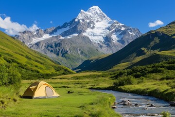 Panoramic View of Camping Site in Lush Green Valley with Snow-Capped Mountains, Winding River, and Tents Along the Banks, Outdoor Adventure, Nature Retreat, Scenic Wilderness