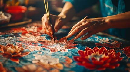 A skilled artisan delicately paints vibrant lotus flowers on fabric. The intricate details truly bring the artwork to life. Embrace creativity in every brush stroke. Generative AI