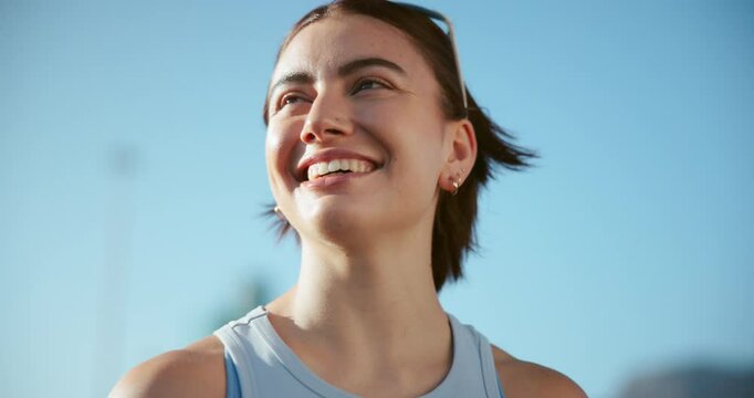 Thinking, outdoor and woman with fitness, below and space with happiness. Person, athlete and runner in city, nature or wellness with training, workout or health with break, exercise or contemplation