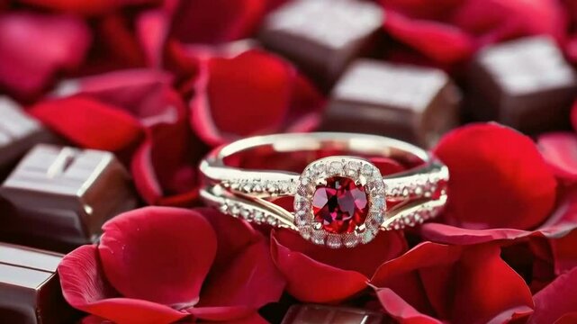 Ruby ring, rose petals, chocolates, Valentine's gift, jewelry advertising