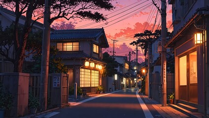 Traditional Japanese houses line the narrow, dimly lit city street in the evening, anime style