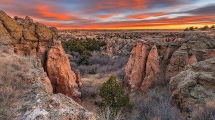 A scenic landscape featuring red rock formations and a vibrant sunset