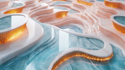 Obraz premium Aerial View of a Luxurious Marble Plaza with Intricate Swirling Patterns in Pastel Pink, Soft Blue, and Champagne Gold