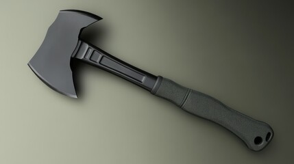 A close-up of a black tactical axe, showing the blade and textured handle.