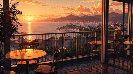 ​Rooftop cafe near sea a beautiful sunset view, anime style