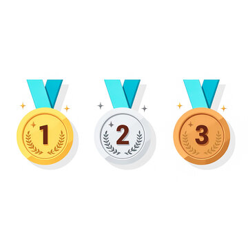three medals illustrating first second and third place in a competition