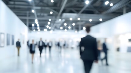 Blurred spacious exhibition hall with people walking in the background