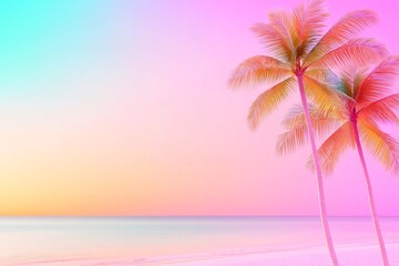 Fototapeta premium Serene Tropical Island Beach at Twilight with Leaning Palm Trees, Gradient Sky from Burnt Orange to Lavender, Soft Pastel Ocean Reflections, Peaceful Evening, Exotic Landscape