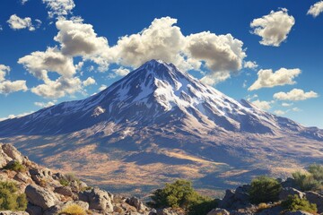 Fototapeta premium Majestic snow-capped mountain under a blue sky with fluffy clouds on a clear day