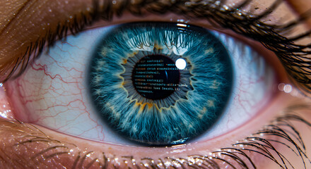 Eye reflects code screen for sci-fi technology concept, futuristic vision, digital transformation, cybersecurity, computer programming, software development and business future