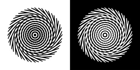 Abstract background with abstract line pattern in circles. Spiral art design as a logo or icon. A black figure on a white background and the same white figure on a black side. Mandala design with line