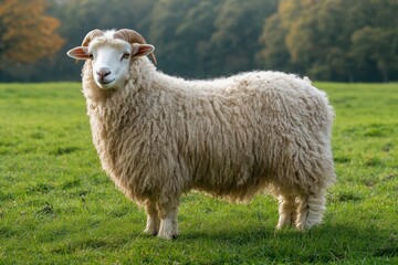 Obraz premium Fluffy sheep stands in a sunny green field surrounded by trees in the early evening light showcasing rural beauty and tranquility