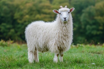 Obraz premium Fluffy white sheep grazing peacefully in a lush green pasture on a calm afternoon in a serene countryside setting