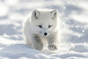 Snow-covered arctic fox cub exploring its winter habitat in a serene landscape under bright sunlight