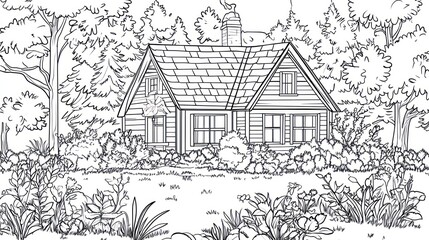 Obraz premium Black and white cottage illustration in garden