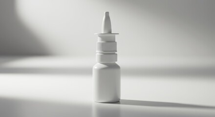 Monochrome nasal spray bottle in minimalist setting for pharmaceutical advertising