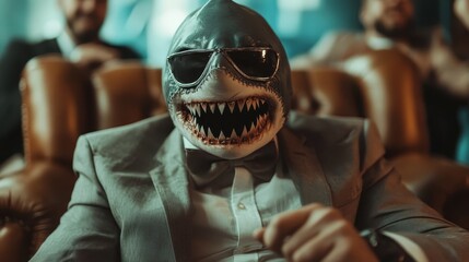 A humorous and surreal depiction of a man in a suit and sunglasses wearing a shark mask, sitting confidently in a luxurious setting, blending boldness and charm.